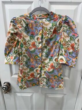 Sugarlips Floral Puff Sleeve Button-Back Blouse - Pastel Multicolor